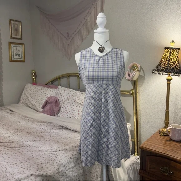 Y2K Blue Plaid Mini Dress - Picture 4 of 11